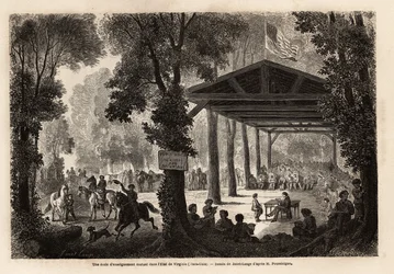 Eine Schule der gegenseitigen Erziehung, in einem Wald von Virginia (Vereinigte Staaten), Zeichnung von Janet Lange, zur Illustration eines Besuchs der Mammuthöhle in Kentucky im Jahr 1859 von M. Pousselgue. Gravur in „Le tour du monde“, herausgegeben von 