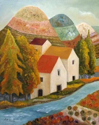 Herbstliches Dorf am Fluss