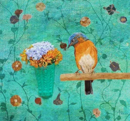Blaues Vögelchen und Blumen