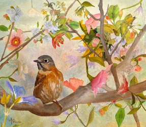 Charmanter Vogel in Blüte