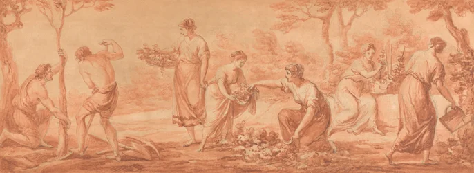 Ein Fries: Männer pflanzen Bäume, Frauen sammeln Blüten und gießen Blumen