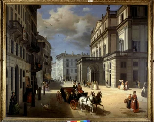 Darstellung der Piazza della Scala in Mailand von Angelo Inganni. 19. Jahrhundert. Pinacoteca di Brera, Mailand