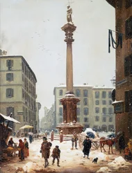 Die Erlöser-Säule am Verziere (Gemüsemarkt) gesehen von der alten Straße San Bernardino in Mailand