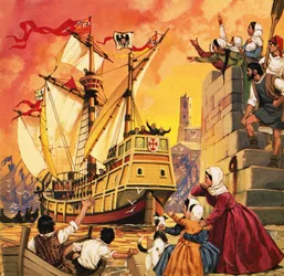 Christoph Kolumbus segelt im August 1492 mit der Santa Maria los