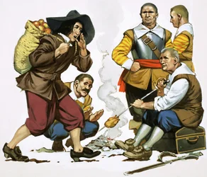 Prinz Rupert, verkleidet als Apfelverkäufer, betritt Cromwells Lager