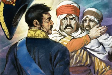 Unbekannter Mann in nahöstlicher oder nordafrikanischer Kleidung schlägt einen anderen Mann