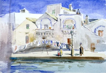 Häuser an einem Kanal mit einer Wäscheleine, ca. 1864-1930