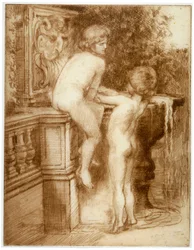 Zwei Jungen an einem Wasserbrunnen, ca. 1864-1930