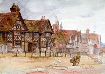 Dorfstraße mit Tudor-Häusern, ca. 1864-1930