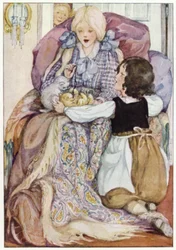 Klara hielt die kleinen Kätzchen in ihrem Schoß (Farblithografie)