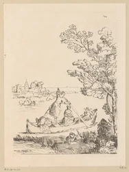 Flusslandschaft mit einem von einer Frau geruderten Boot (Serie: Cabinet du Roy)