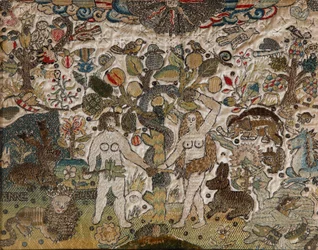 Ein Stickbild, das Adam und Eva darstellt