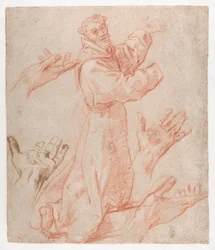 Studien für eine Figur des knienden Heiligen Franziskus in Dreiviertelansicht und für seine Hände (recto), 1583–85