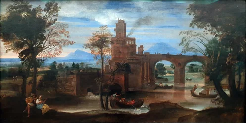 Römische Flusslandschaft mit Festung und Brücke