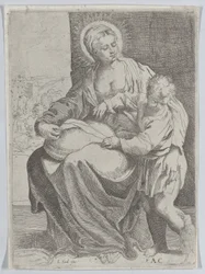 Die Jungfrau sitzt und hält ein Kissen auf ihrem Schoß, mit dem jungen Christus rechts stehend