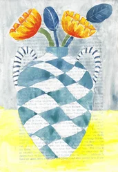 Karierte Vase mit orangefarbenen Blumen