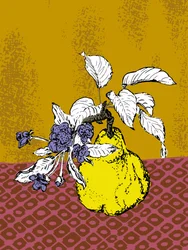 Quitte und violette Blüten