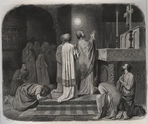 Eine Feuerkugel erscheint über dem heiligen Martin, Bischof von Tours (316-397), während er arbeitet. Gravur von 1846 in „Lives of the saints“. Private Sammlung