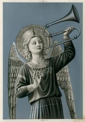 Ein musizierender Engel spielt Posaune (Druck)