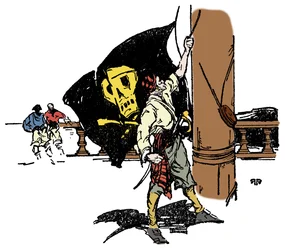 Ein Pirat hisst die schwarze Flagge des Todes. Illustration aus 
