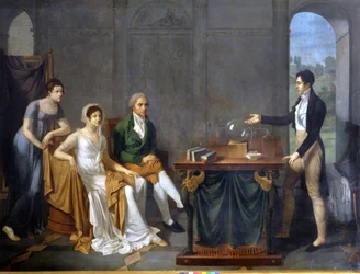 Ein Wissenschaftler (wahrscheinlich Alessandro (Alexandre) Volta) führt ein wissenschaftliches Experiment vor der Familie Melzi Deril durch. Anonymes Gemälde.
