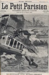 Unfall in der Seine in Paris - Das Sinken eines Omnibusbootes: Die Besatzung des Bootes springt in die Seine, um zu entkommen. Le Petit Parisien, am 18.12.1898.