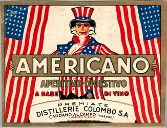 Werbung für italienischen Shortdrink Americano, mit allegorischer Personifikation von Amerika Onkel Sam