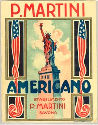 Werbung für italienischen Shortdrink Americano, mit amerikanischer Flagge und Freiheitsstatue