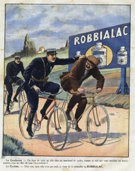 Werbung für Robbialac-Farbe: Polizisten beschuldigen einen Radfahrer, sein Fahrrad gestohlen zu haben, weil es dank Robbialac-Farbe neu aussieht. Gravur in „Le petit journal illustré“