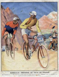 Werbung für die Farbe Robbialac: „Robbialac triumphiert bei der Tour de France“. Ein Radfahrer preist die Vorzüge der Robbialac-Farbe für sein Fahrrad. Gravur. Eine der „Die kleine Zeitschrift illustriert“