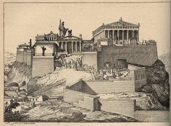 Antikes Griechenland: der Parthenon, Tempel der Athena, auf dem Hügel der Akropolis von Athen (Antikes Griechenland: Athen, Akropolis - Parthenon - Gravur 1890