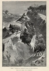 Aufstand im Andjera-Gebirge in Marokko: Hinterhalt der Angherristen, die auf die Scherifentruppen warten. Gravur in „Le monde illustré“ von 1892. Private Sammlung.