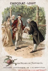 Anekdotische Geschichte des Essens: Montreuils Pfirsiche. Die hier dargestellten sind in Wirklichkeit die Spalierpfirsiche von Bagnolet. Der König von Frankreich, Ludwig XV., kommt mit seinem Hof, um die von Monsieur Edmee de Girardot angebauten Pfirsiche 