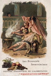 Anekdotische Geschichte des Essens: Spirituosen (fermentierte Getränke). Samson lässt sich unter dem Einfluss von Dalilas Likören die Haare schneiden und verliert seine Kraft. Schokoladen-Louit-Chromolithographie, Ende des 19. Jahrhunderts. Private Sammlun