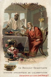 Anekdotische Geschichte des Essens: der spartanische Eintopf. Denys der Ältere (431-367 v. Chr.), Tyrann von Syrakus, verabscheute den Eintopf, als er ihn probierte. Der Koch antwortete, dass er nicht hungrig genug sei, um ihn zu schätzen. Chromolithograph