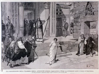Antigone zum Tode verurteilt. Szene aus dem Stück Antigone, mit Musik von Camille Saint-Saens, aufgeführt in Paris