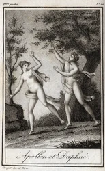 Apollo und Daphne. Die Nymphe Daphne verwandelt sich in einen Lorbeerbaum, um Apollo zu entkommen. Gravur von 1819 in „Lettres à Emilie sur la mythologie“ von Charles Albert Demoustier (1760-1801). Private Sammlung.