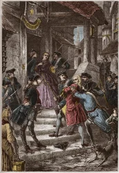 Verhaftung von Voltaire und seiner Nichte in Preußen, auf Befehl von Friedrich dem Großen - Gravur aus „L