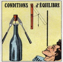 Gleichgewicht von Festkörpern: Gleichgewichtsbedingungen. Experiment mit einer Flasche, einem Stopfen und zwei Gabeln. Anonyme Illustration von 1925. Privatsammlung.