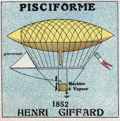 Ballons: Fischförmige Hülle von Henri Giffard (1825-1882) im Jahr 1852. Anonyme Illustration von 1925. Private Sammlung.