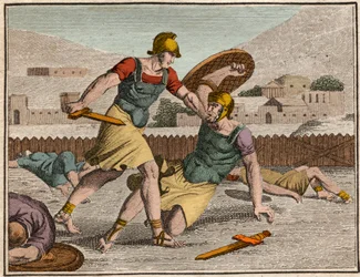 Schlacht der Horacier und Curiacier - Schlacht zwischen Horatii und Curiatii - Gravur aus „The Rollin of Youth or Selected Pieces of Ancient and Roman Stories“ 1816 - Private Sammlung