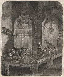 Das Brest-Bagne bei Nacht. Gravur in „Histoire des bagnes depuis leur création à nos jours“ (1877) von Pierre Zaccone (1817-1895). Private Sammlung.