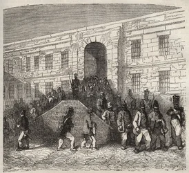 Bagne von Brest im 19. Jahrhundert. Gravur in „Histoire des bagnes depuis leur création à nos jours“ (1877) von Pierre Zaccone (1817-1895). Private Sammlung