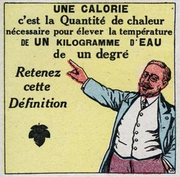 Kalorimetrie: Eine Kalorie ist die Menge an Wärme, die benötigt wird, um die Temperatur von einem Kilogramm Wasser um ein Grad zu erhöhen. Anonyme Illustration von 1925. Private Sammlung.