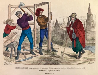 Zimmerleute und ein Bettler in Paris im 15. Jahrhundert