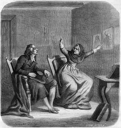 Catherine Theot (1716-1794) Mystikerin und französische Visionärin mit Antoine Christophe Gerle, genannt Dom Gerle (1736-1801) - Gravur in „Histoire des Girondins“ von Alphonse de Lamartine (1790-1869) 1865-1866 - Private Sammlung