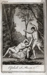 Cephale und Procris, Liebespaar. Gravur von 1819 in „Lettres à Emilie sur la mythologie“ von Charles Albert Demoustier (1760-1801). Private Sammlung.