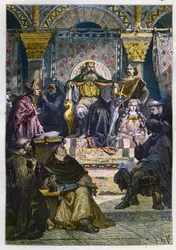 Karl der Große auf seinem Thron, der die Palastakademie leitet