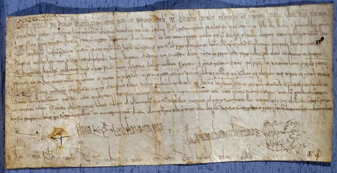 Urkunde König Karls des Großen (Karl I., Karl der Große oder Carolus Magnus) (742-814), die die Abtei Saint-Denis während des Jahrmarkts von Wegegeldern befreit. Ende des 8. Jahrhunderts. Paris, Nationalarchiv
