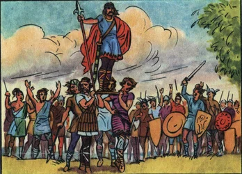 Chlodwig (König der Franken von 481 bis 511) wurde von den Saliern zum König gewählt, die ihn auf dem Schild durch das Lager trugen. Anonyme Illustration in „Collection des souverains et chefs d